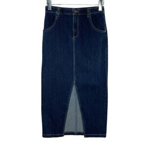 Wash Lab 26 Daily Slit Denim Midi Skirt in Dark Blue Jean Western Front Slit